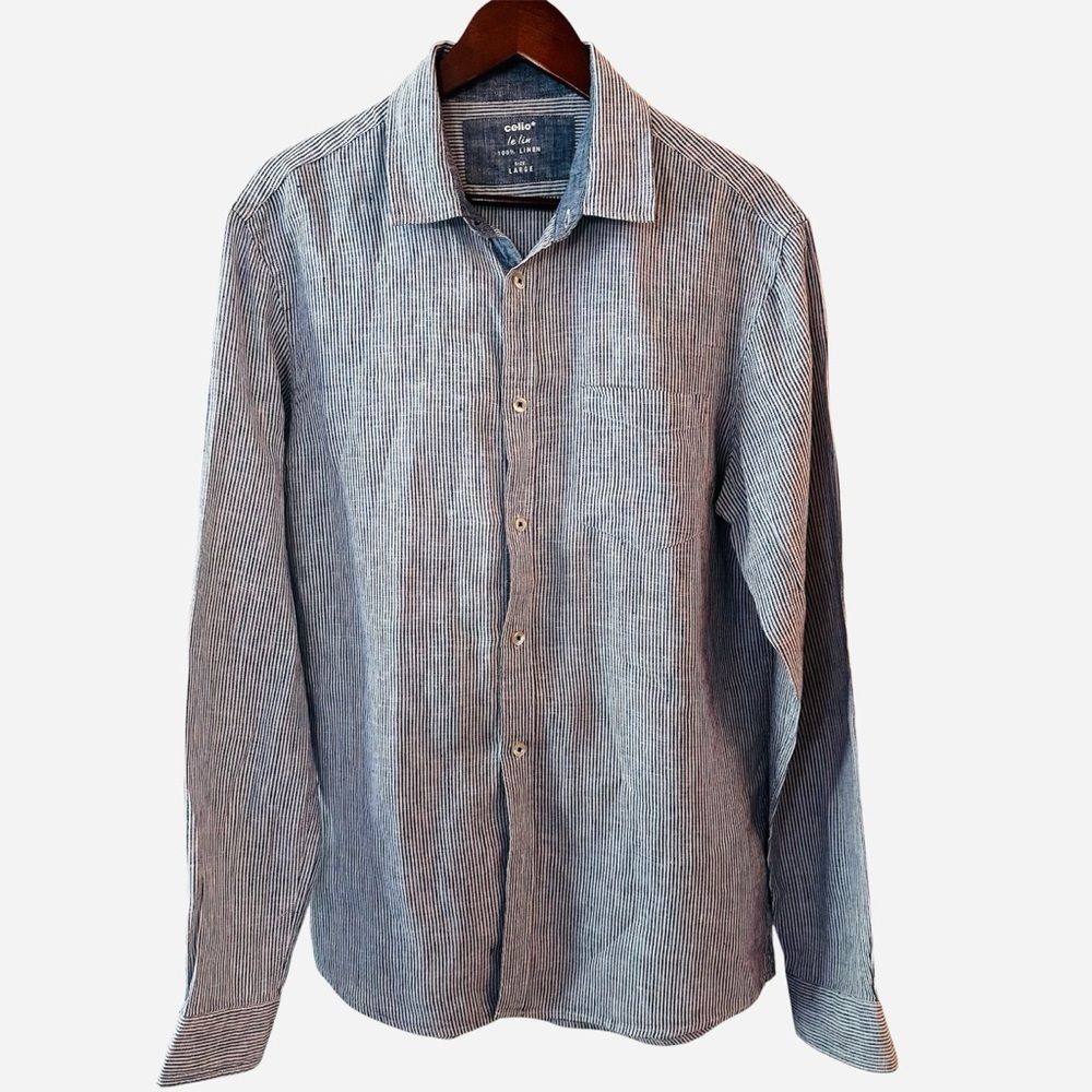 CELIO 100% Linen Shirt Pinstripe Blue/White, Coastal, Boating, Resort Mens Large